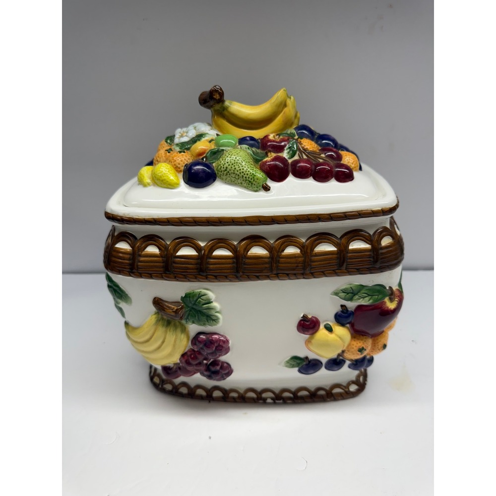 Vintage Ceramic Fruit Basket Cookie Jar 3D Embossed Canister Multi Color Kitchen